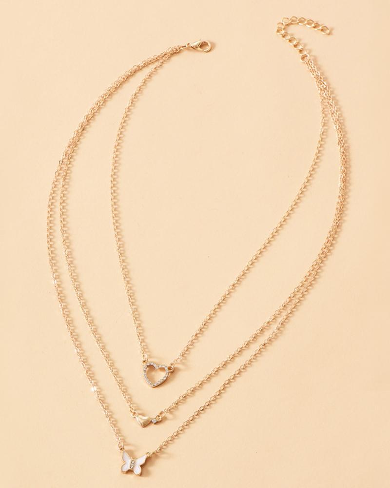 

1pc Rhinestone Heart & Butterfly Pendant Layered Necklace, Gold