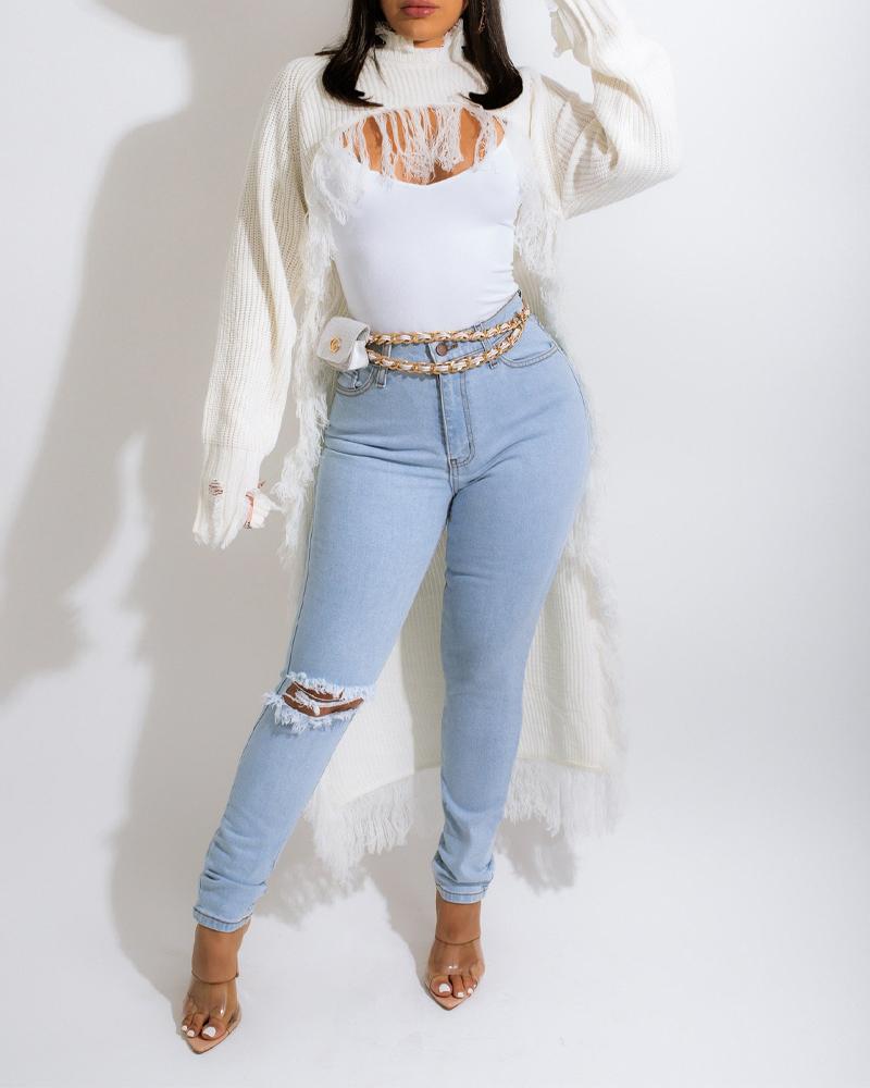 

Asymmetrical Distressed Fringe Trim Longline Sweater, White