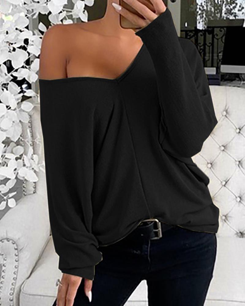 

V Neck Long Sleeve Casual Top, Black