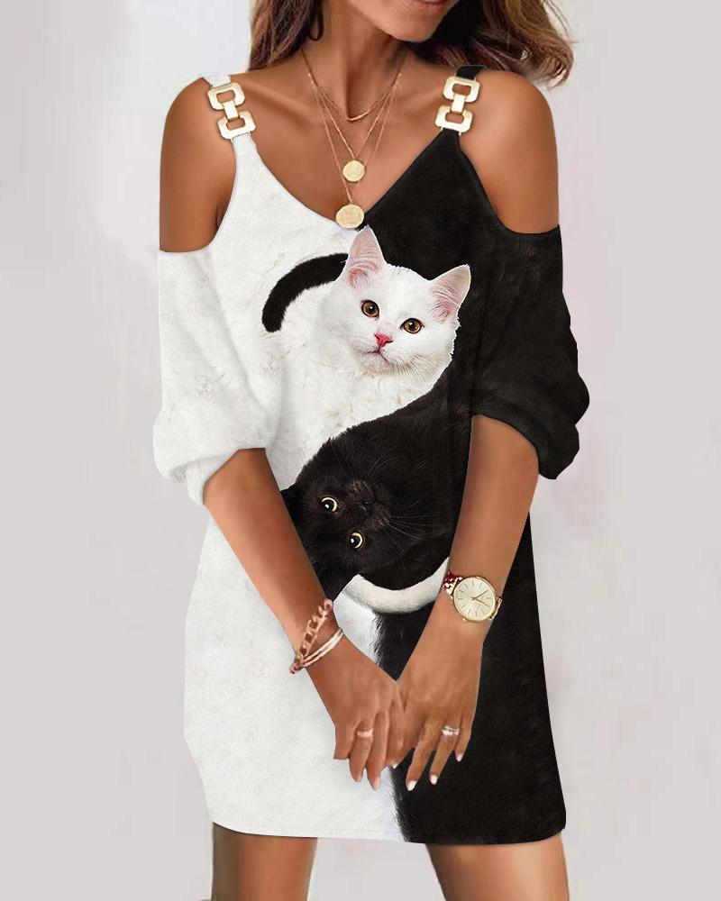 

Colorblock Cat Print Cold Shoulder Casual Dress, Blackwhite