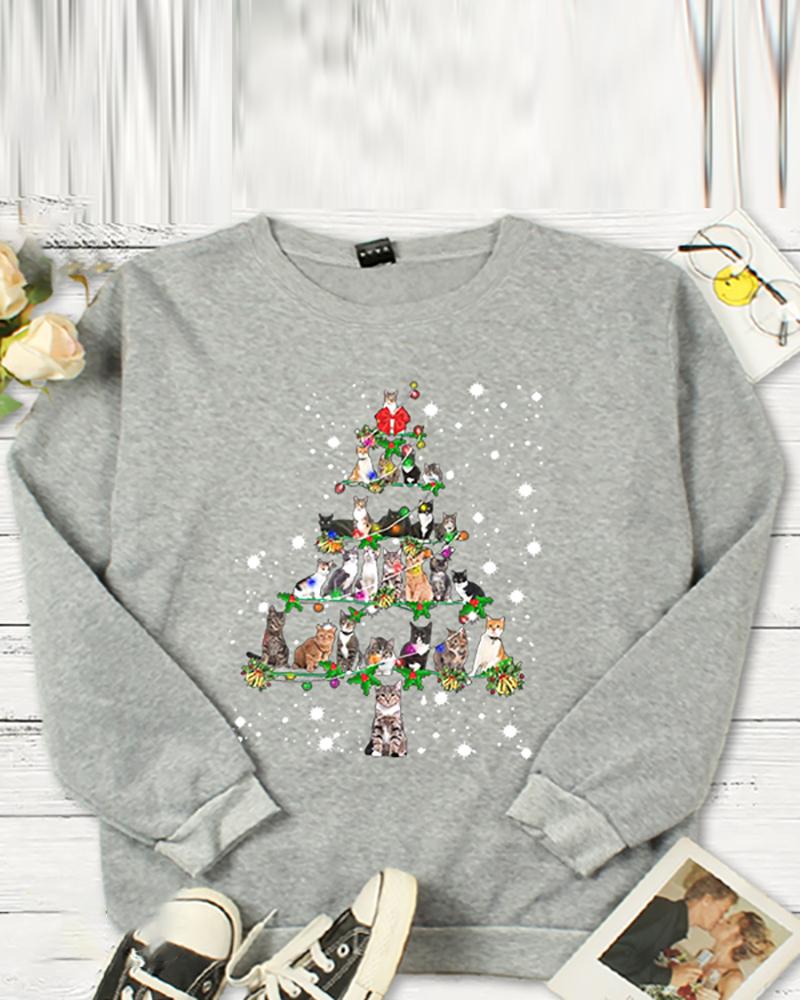 

Christmas Cat Tree Print Long Sleeve Sweatshirt, Gray