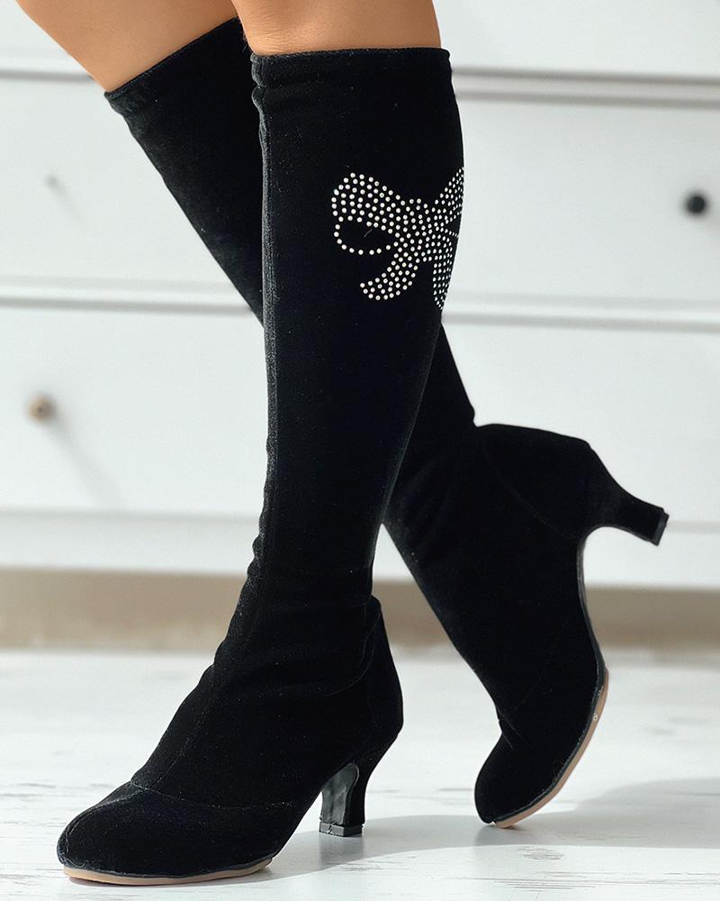 

Rhinestone Bowknot Pattern Dancing Boots, Black