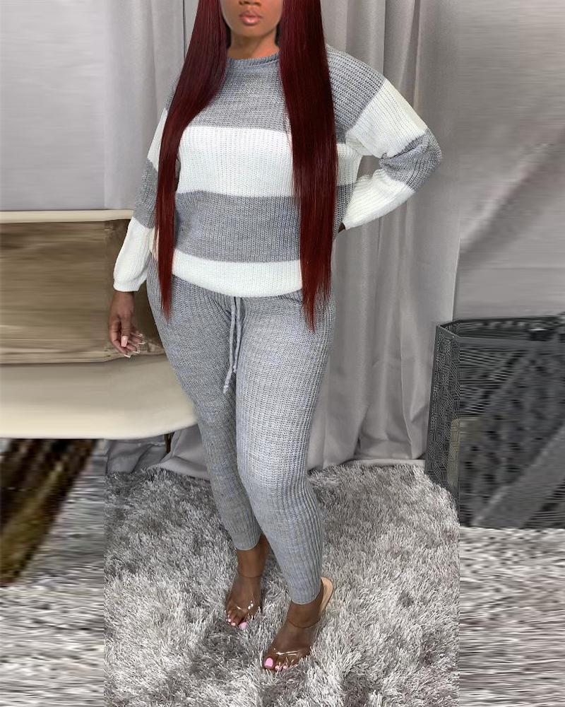 

Color Block Striped Long Sleeve Sweater & Pants Set, Gray