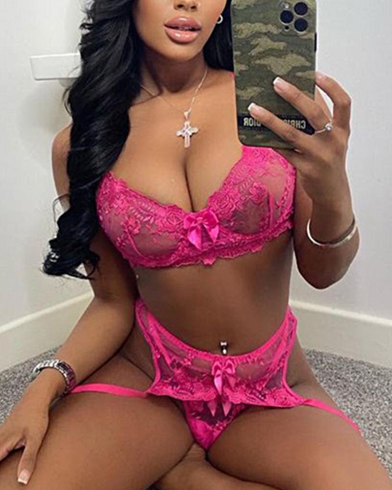 

Sexy See-through Splicing Floral Embroidery Sling 3-PC Bra Sets, Hot pink