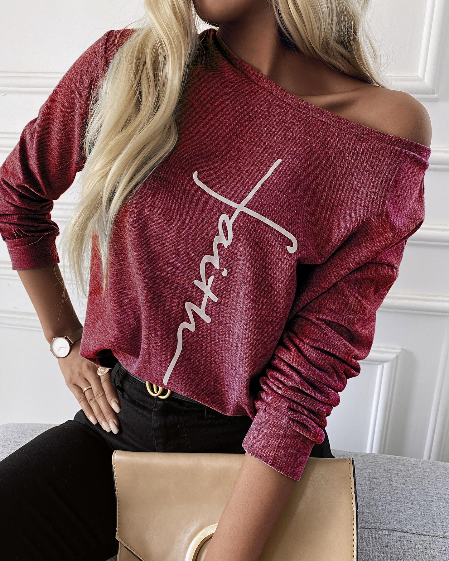 

Letter Print Long Sleeve Round Neck Sweatshirt, Wine red
