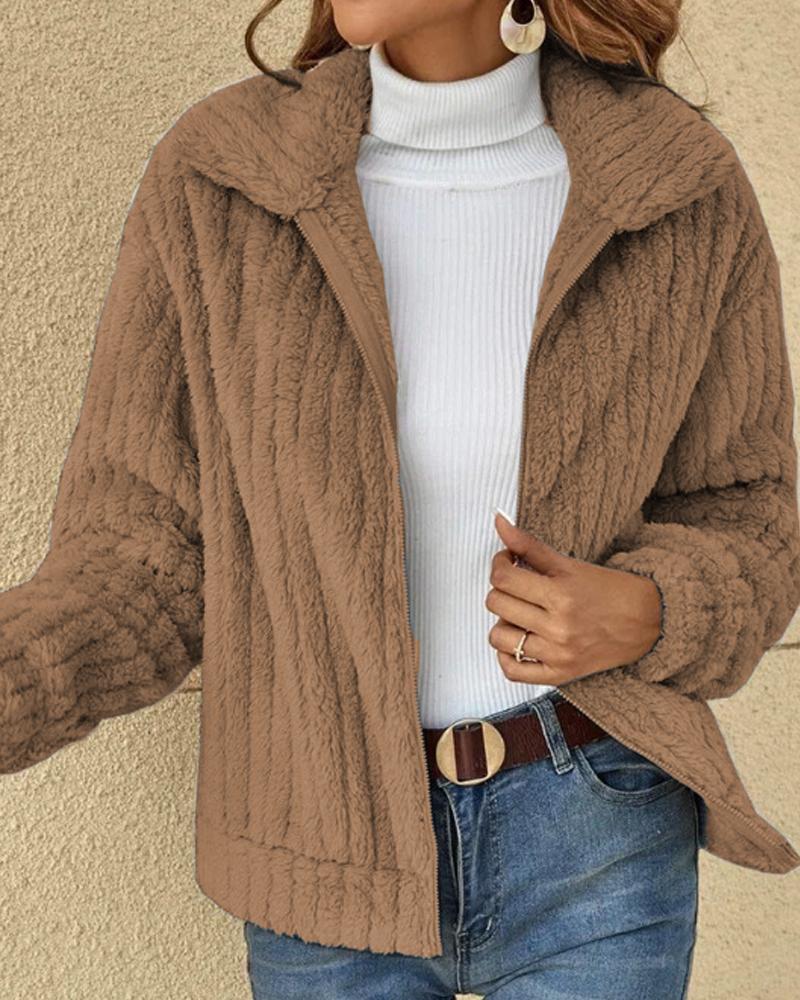 

Long Sleeve Zip Up Teddy Coat, Khaki