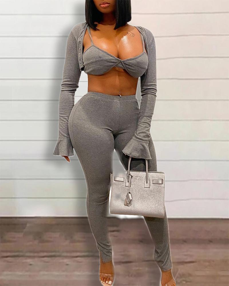 

Bell Sleeve Crop Coat & Pants Set With Bralette, Gray