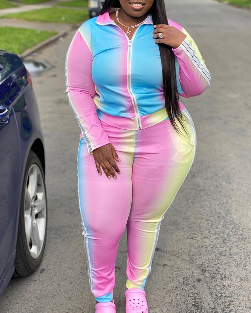 

Plus Size Gradient Color Striped Tape Top & Pants Set, Pink