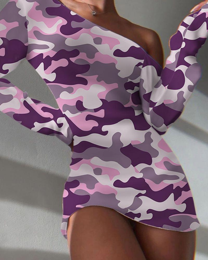 

One Shoulder Open Back Long Sleeve Mini Dress, Purple