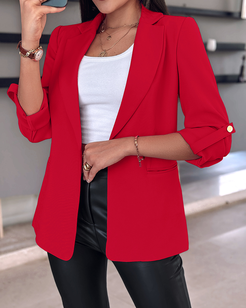 

Notched Collar Roll Up Sleeve Blazer Coat, Red