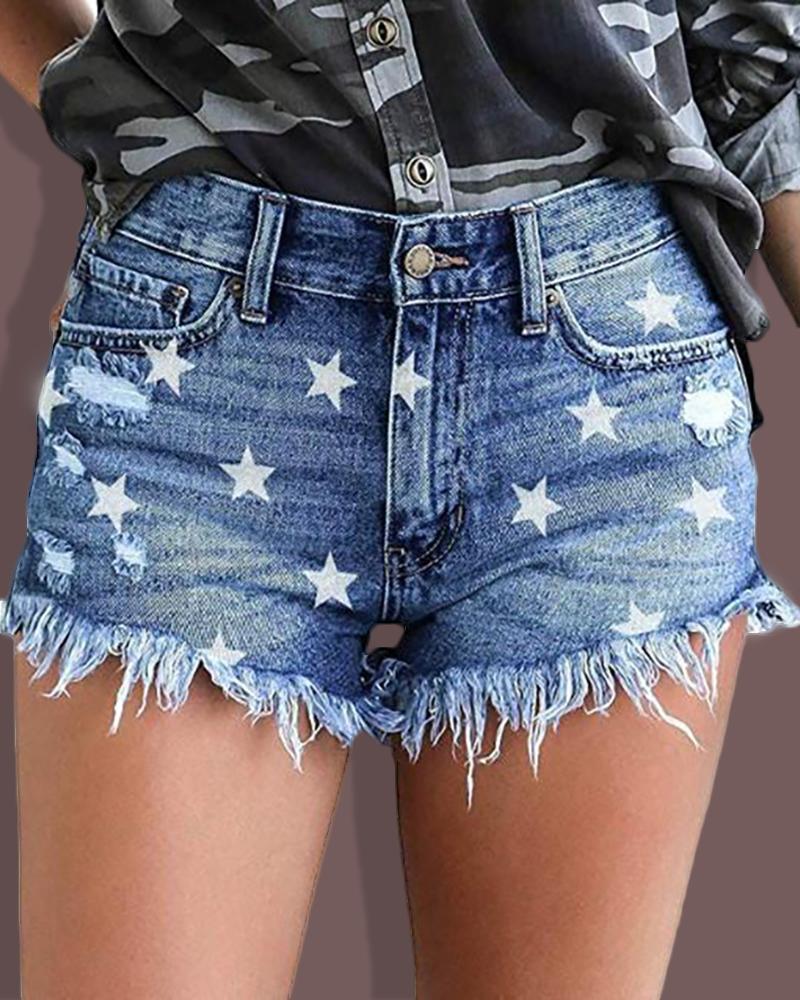

Stars Print Fringe Hem Casual Denim Shorts, Blue