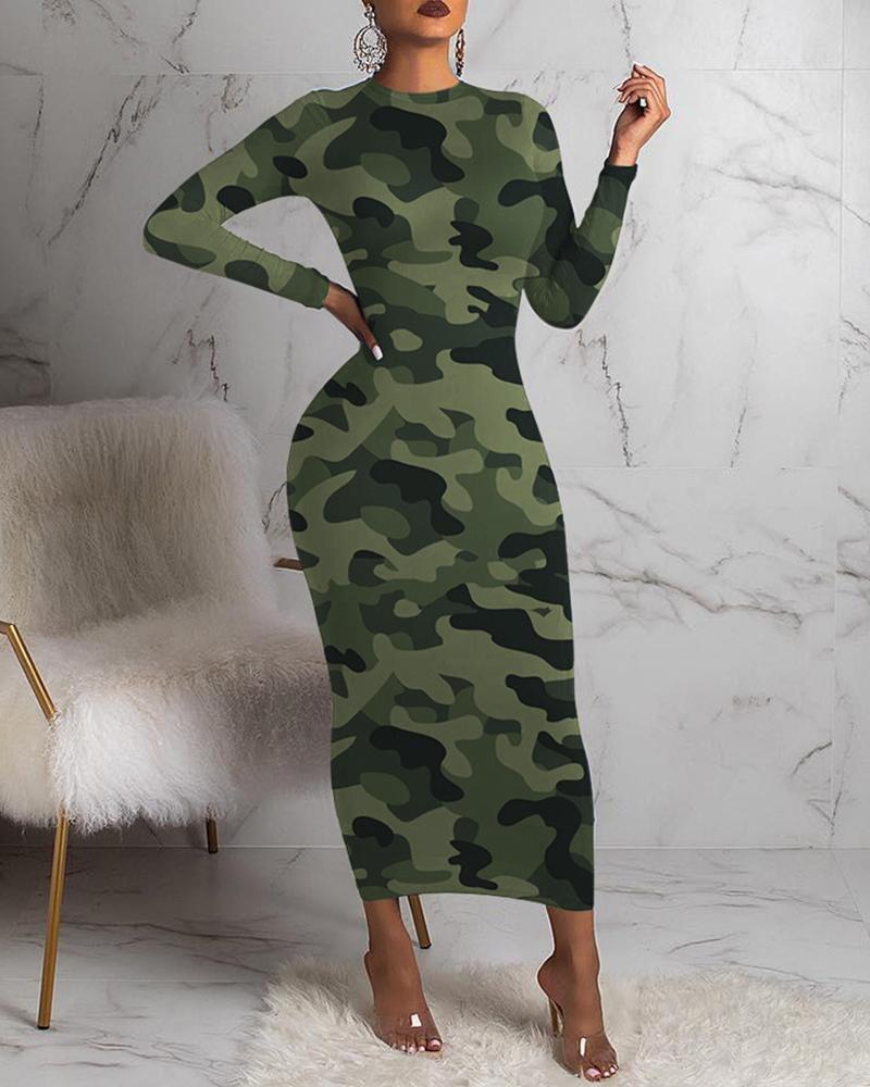 

Camouflage Round Neck Long Sleeve Dress, Army green