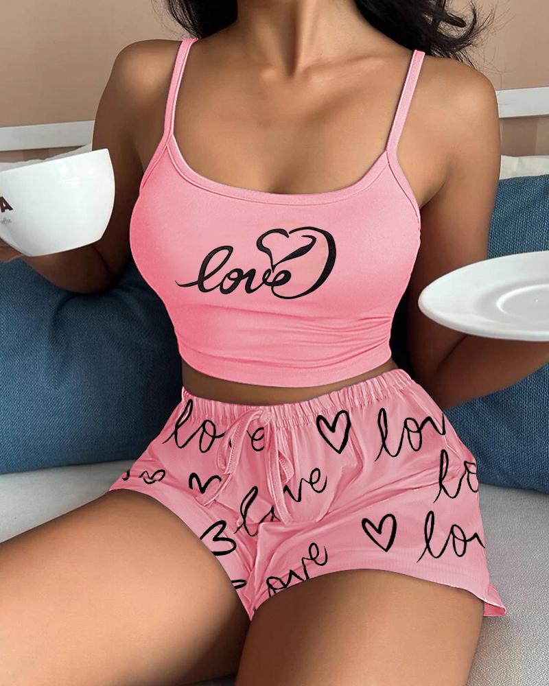 

Love Heart Letter Print Drawstring Cami Set, Pink