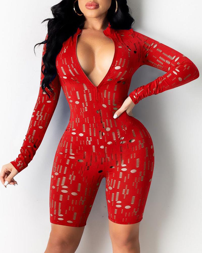 

Hollow Out Plunge Long Sleeve Zipper Design Romper, Red