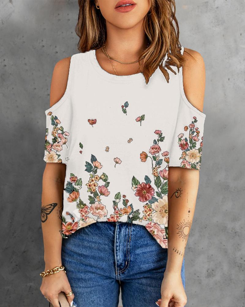 

Floral Print Cold Shoulder Top, White
