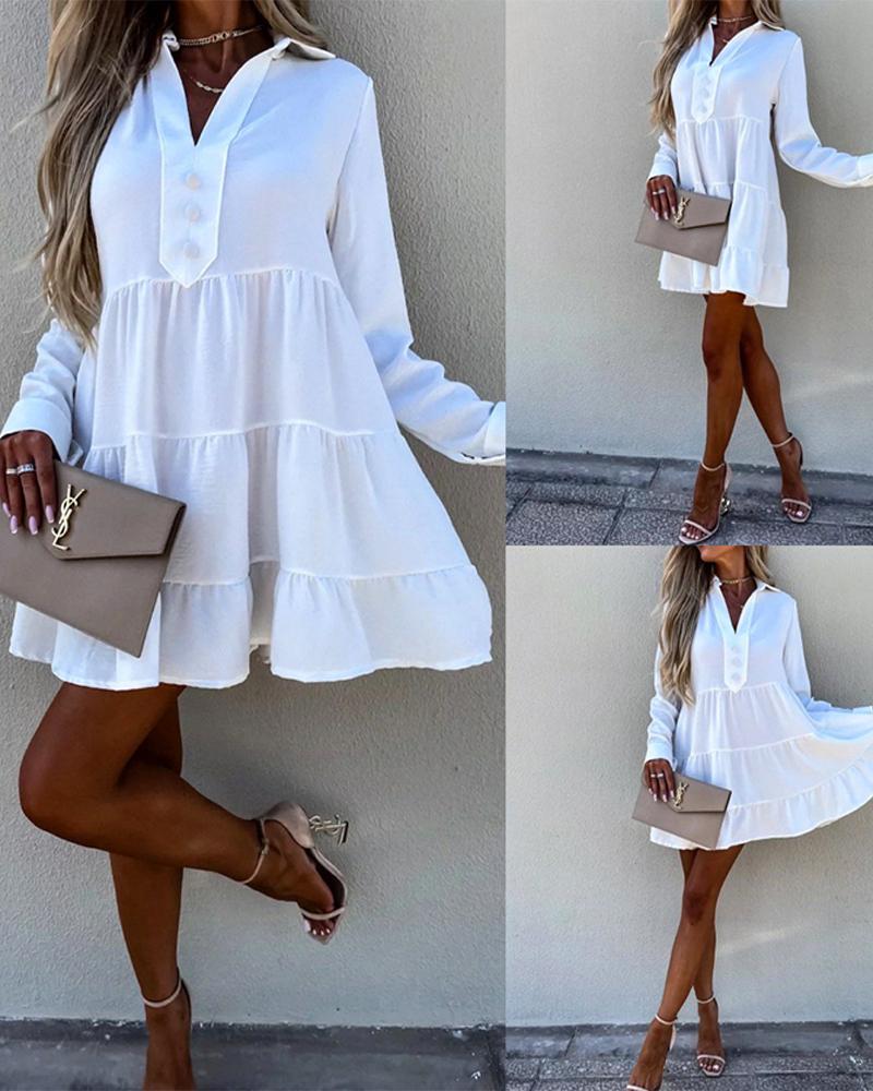 

Long Sleeve Ruched Smock Casual Dress, White