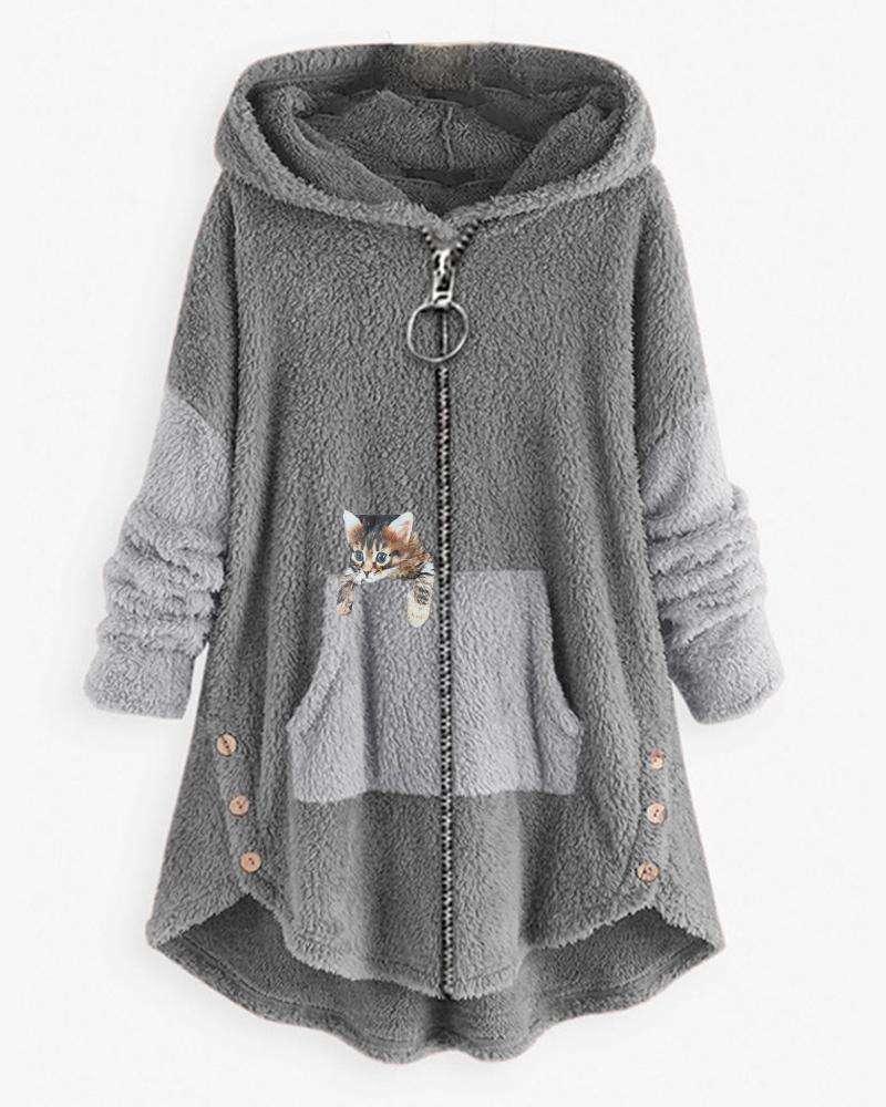 

Cat Print Long Sleeve Hooded Zip Up Teddy Coat, Light gray