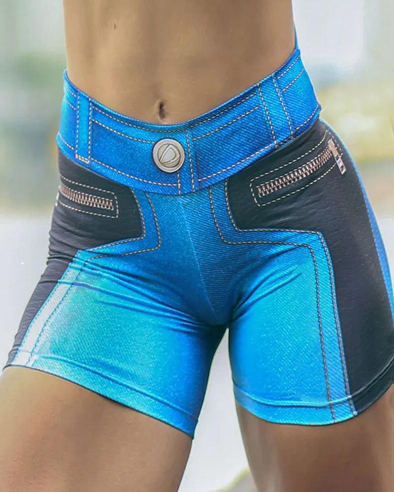 

Colorblock Skinny High Waist Denim Patterns 3D Print Active Shorts, Blue