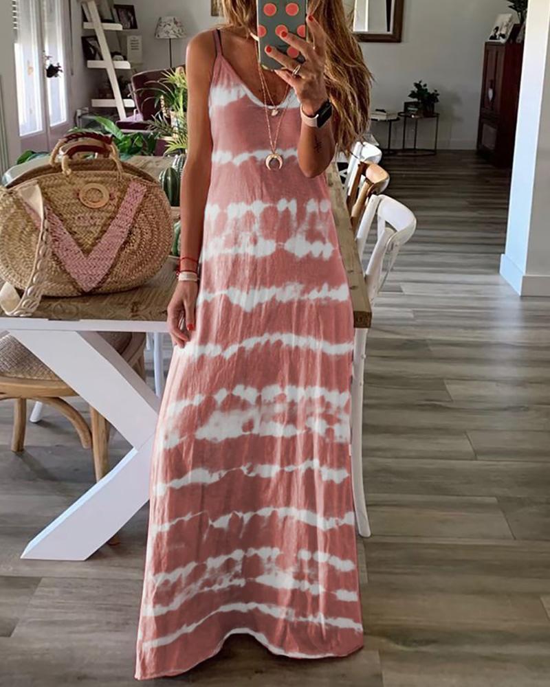 

V-Neck Tie Dye Print Casual Maxi Dress, Pink