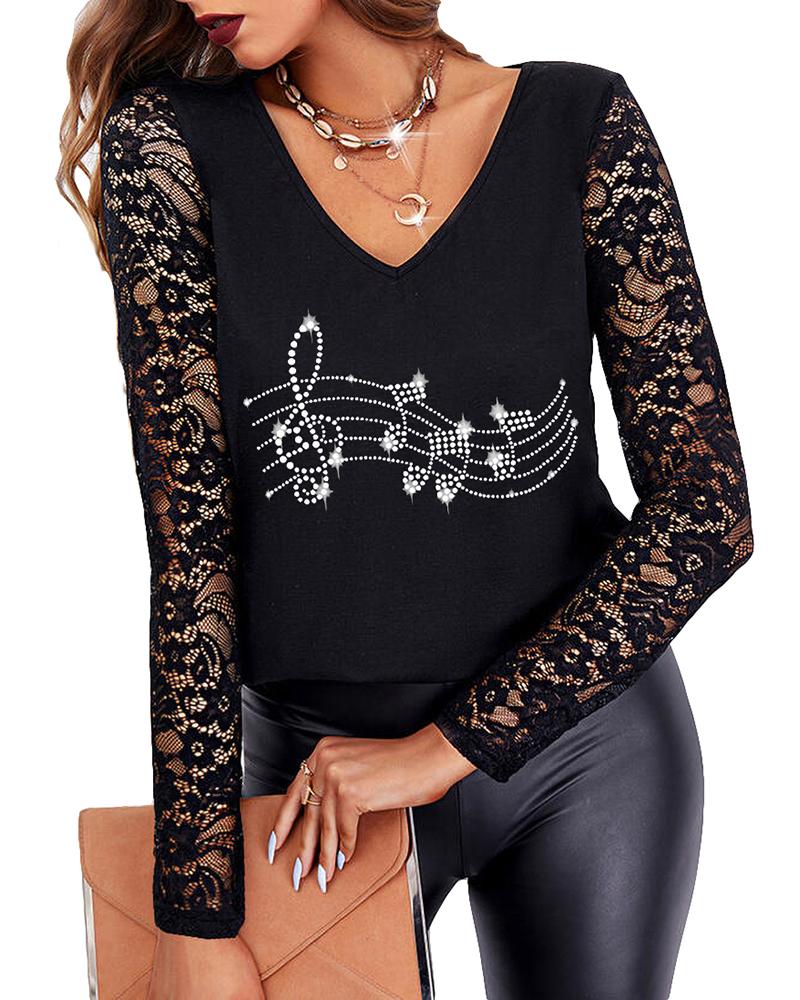 

Valentine' Day Rhinestone Crochet Lace V-Neck Top, Style2