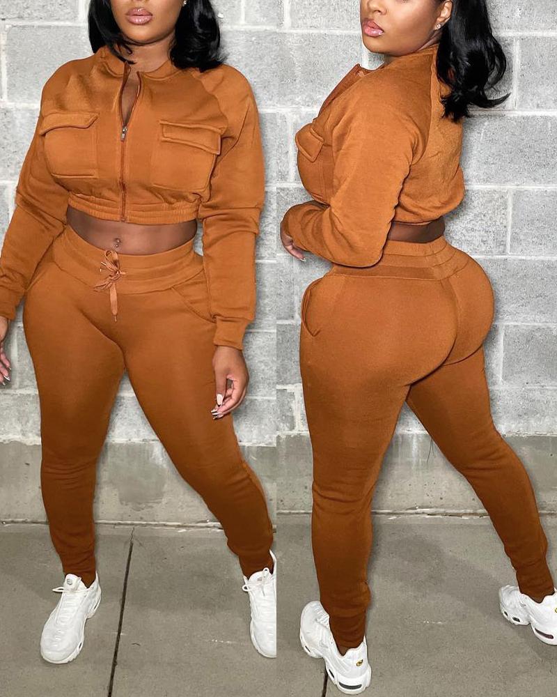

Zipper Pocket Design Coat & High Waist Pants Set, Brown