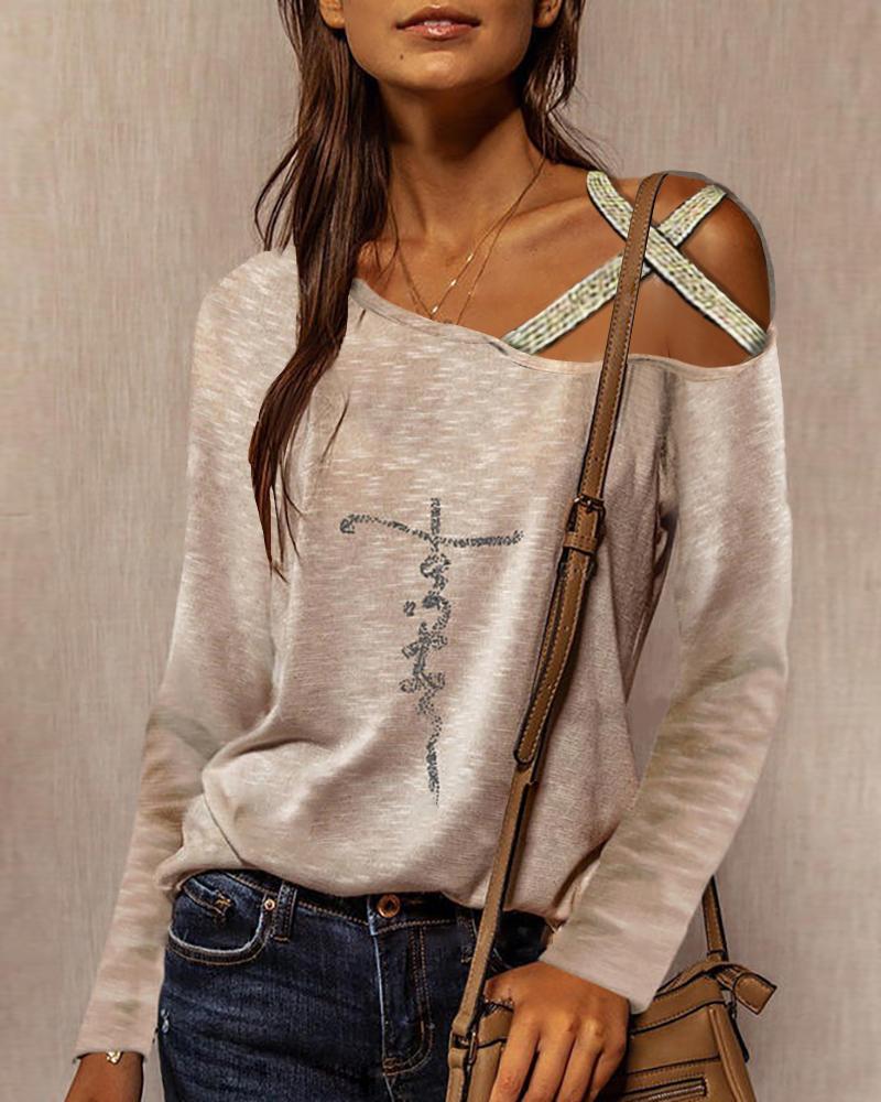 

Letter Print Cold Shoulder Long Sleeve Top, Khaki
