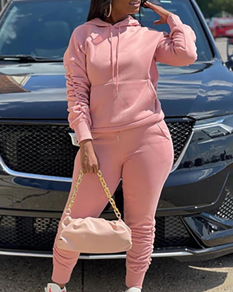 

Ruched Pocket Design Hooded Sweatshirt & Fold Pants Set, Pink
