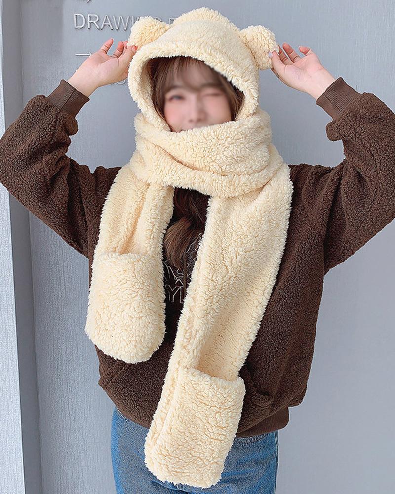 

1pc Fluffy Hat Long Scarf With Glove Pocket 3-in-1 Warm Hooded Scarf, Beige