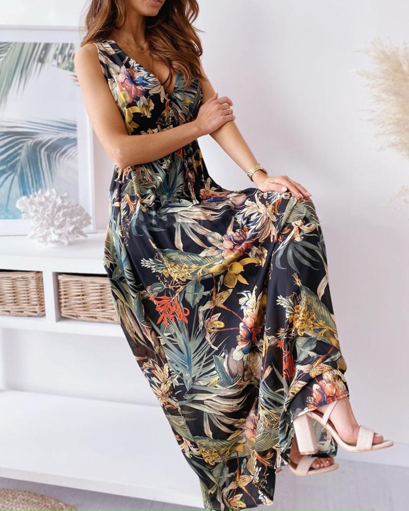 

Floral Print Sleeveless Backless Maxi Dress, Black