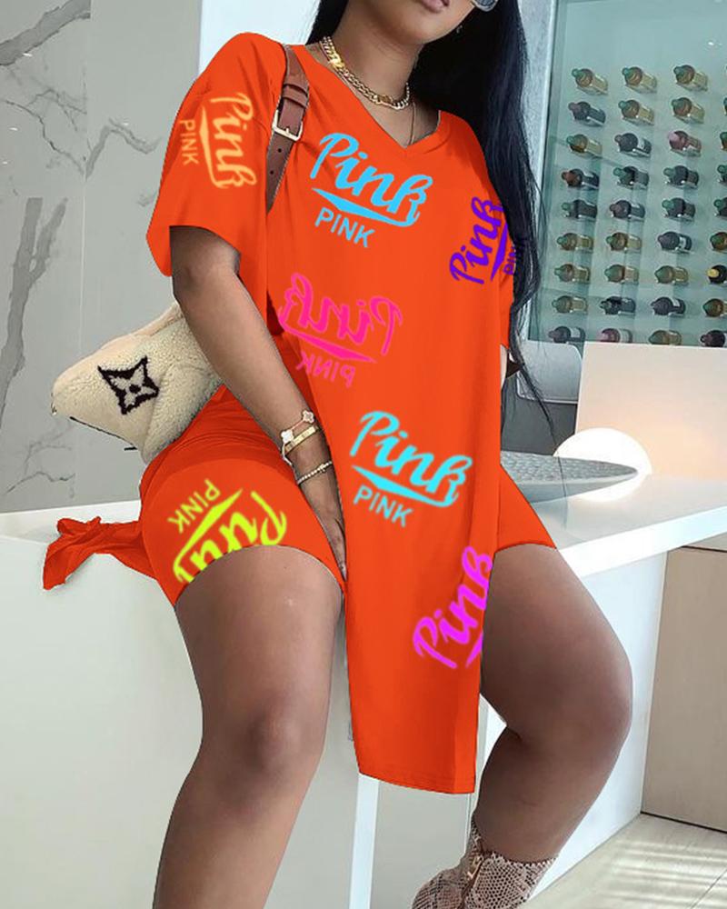 

Letter Print Short Sleeve T-shirts With Shorts Suit Sets, Orange