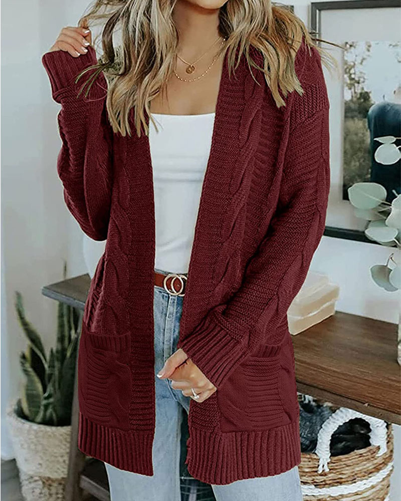 

Open Front Pocket Detail Cable Knit Cardigan, Wine red
