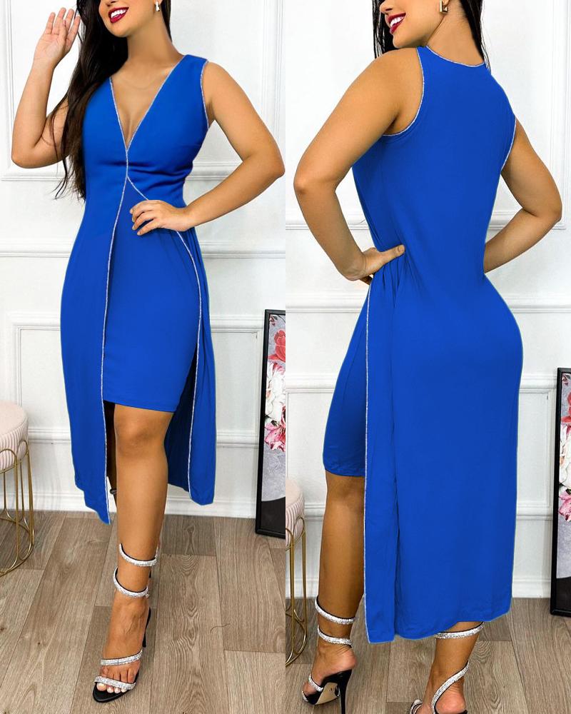 

Plunge Slit Asymmetrical Casual Dress, Blue
