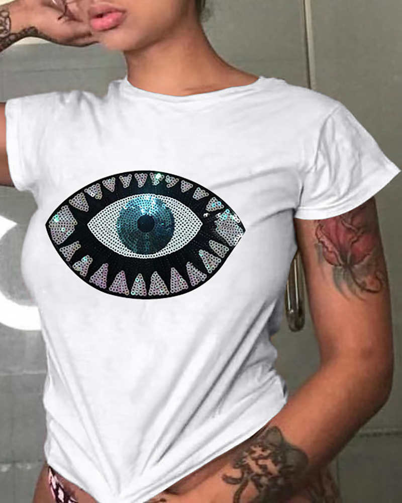 

Sequins Eye Pattern Short Sleeve T-shirt, White