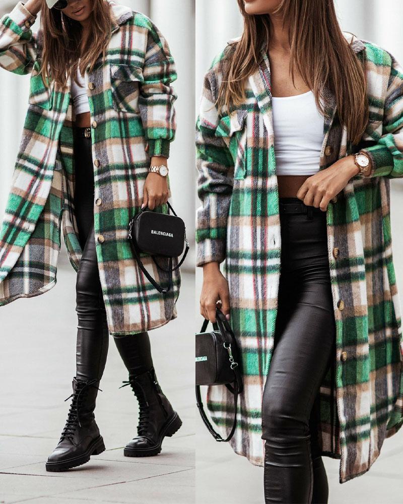 

Plaid Print Drop Shoulder Button Down Longline Shacket, Green