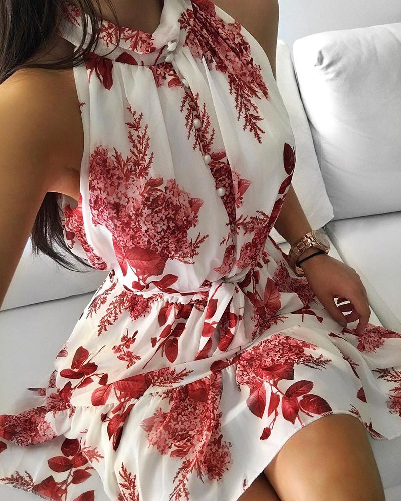 

Sleeveless Button Front Floral Print Dress, Red