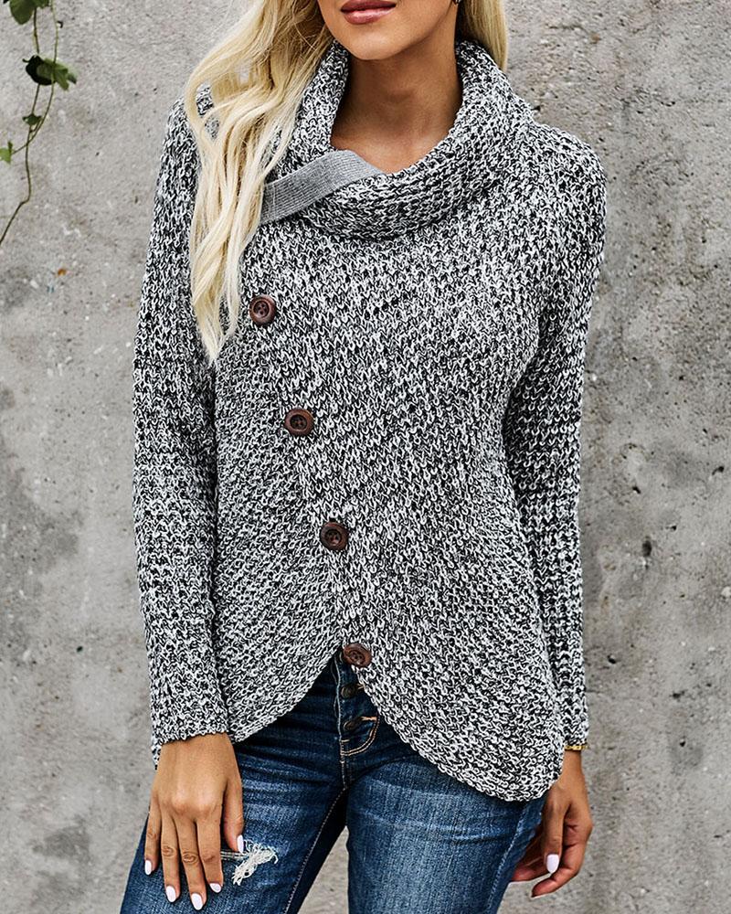 

Strap Decor Mock Neck Buttoned Asymmetrical Sweater, Gray