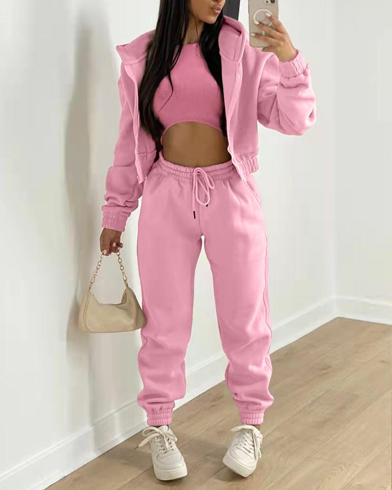 

3PCS Crop Tank Top & Drawstring Pants Set With Coat, Pink