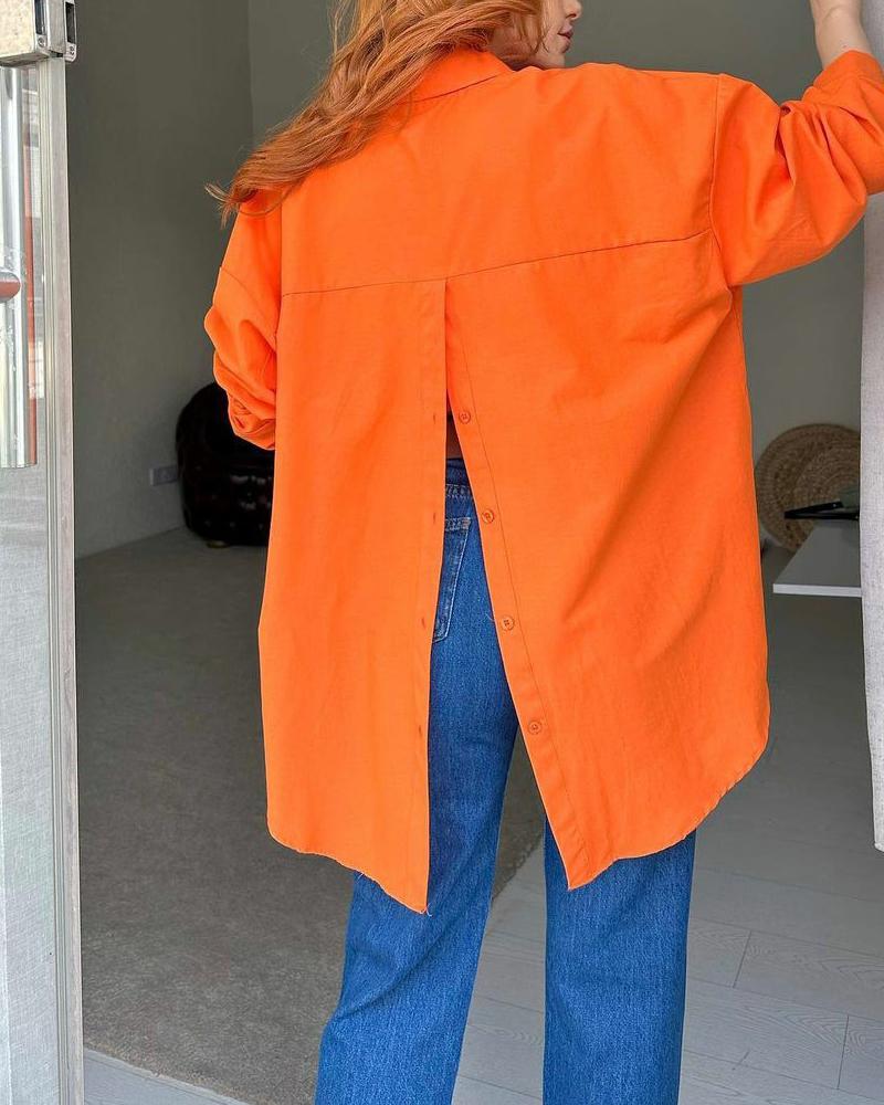 

Long Sleeve Buttoned Slit Shirt, Orange