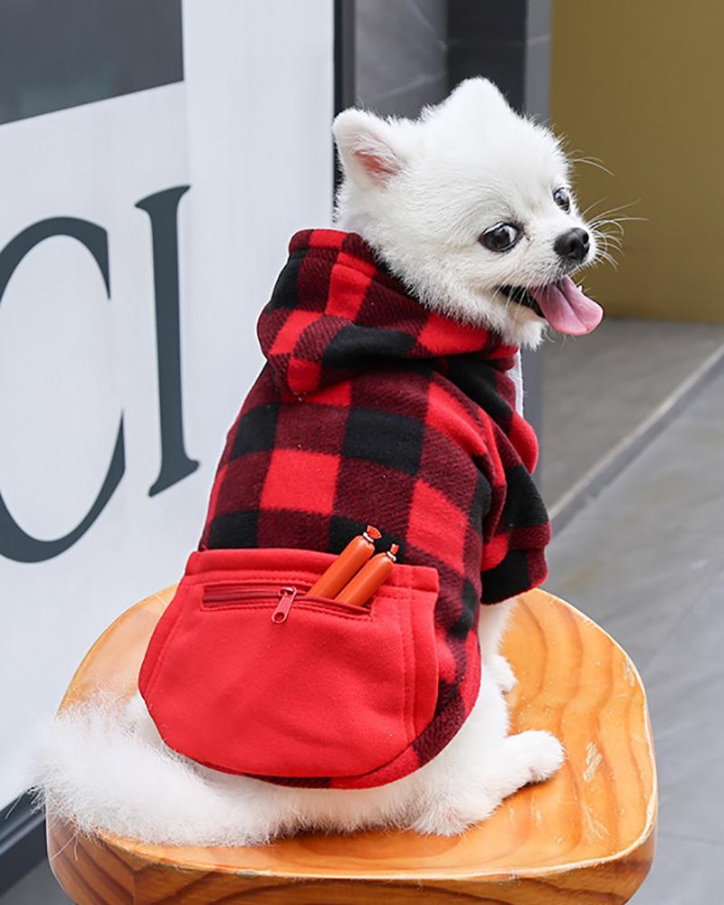 

Plaid Print Pocket Design Pet Hoodie, Red