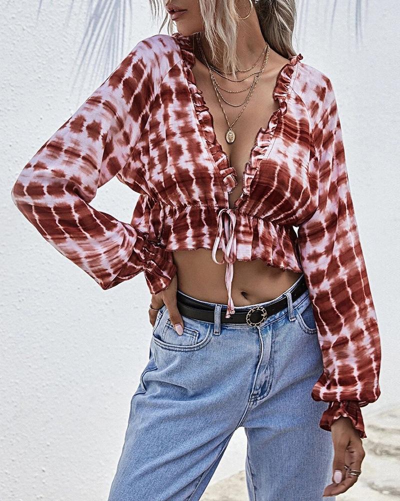 

Tie Dye Print Frill Hem Long Sleeve Blouse, Red