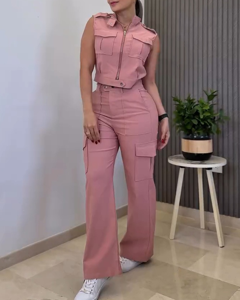 

Elegante conjunto liso de dos piezas: top sin mangas con bolsillos cargo 3D y pantalón casual de pierna ancha y cintura alta., Pink