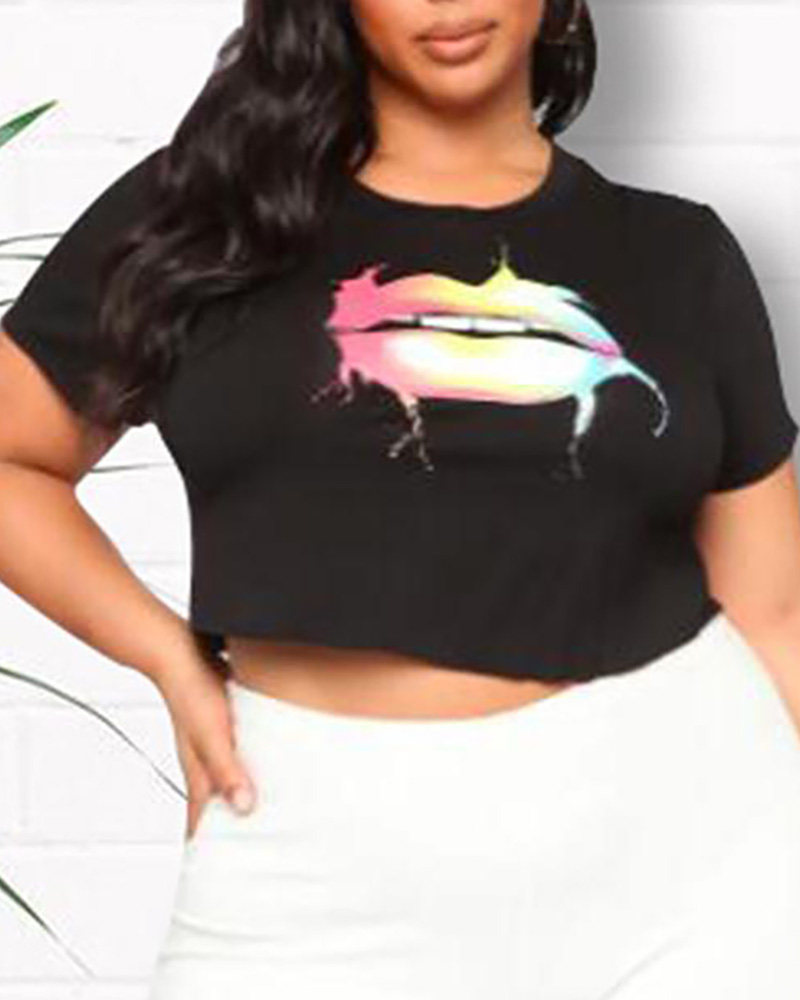 

Lip Print Round Neck T-shirt, Black