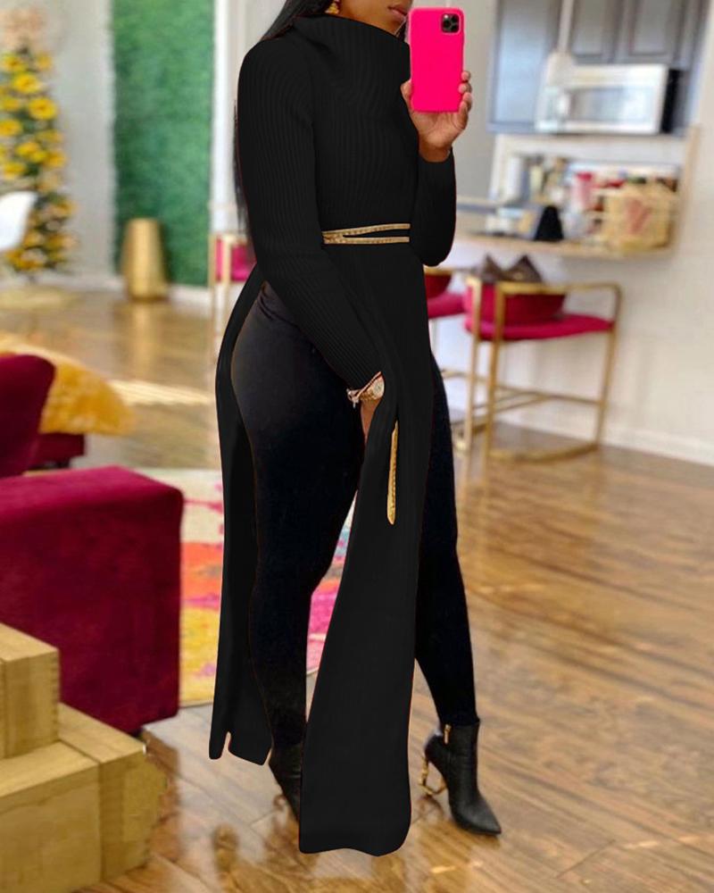 

Plus Size Long Sleeve High Slit Sweater Dress, Black