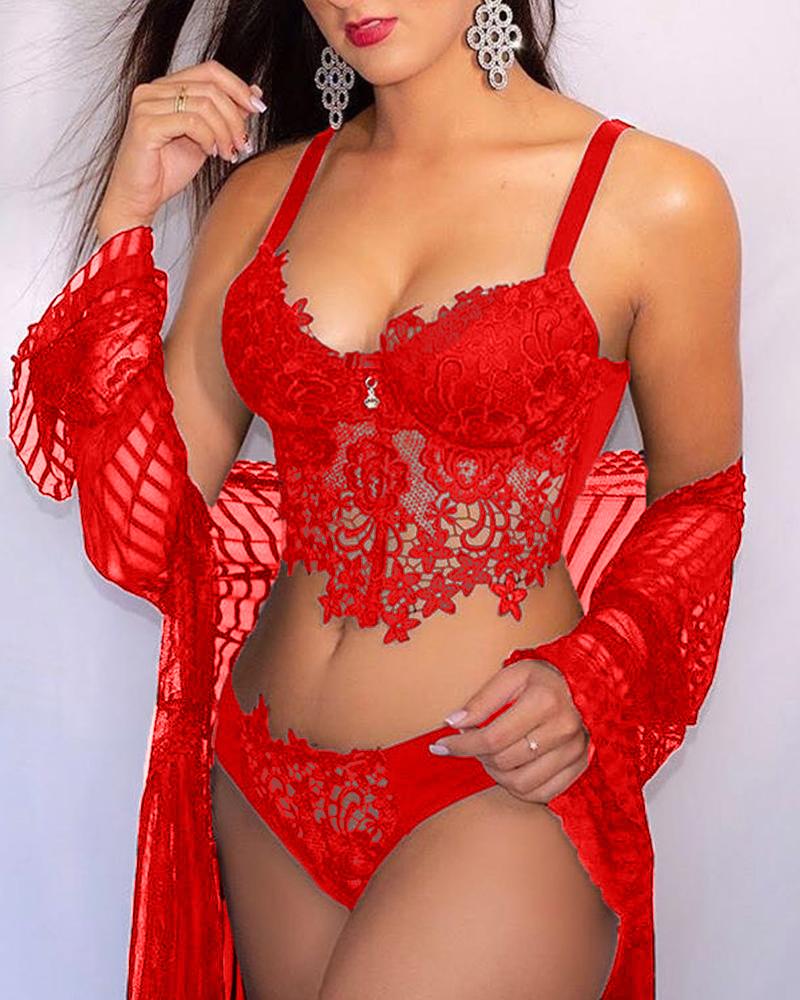 

Guipure Lace Spaghetti Strap Lingerie Set, Red