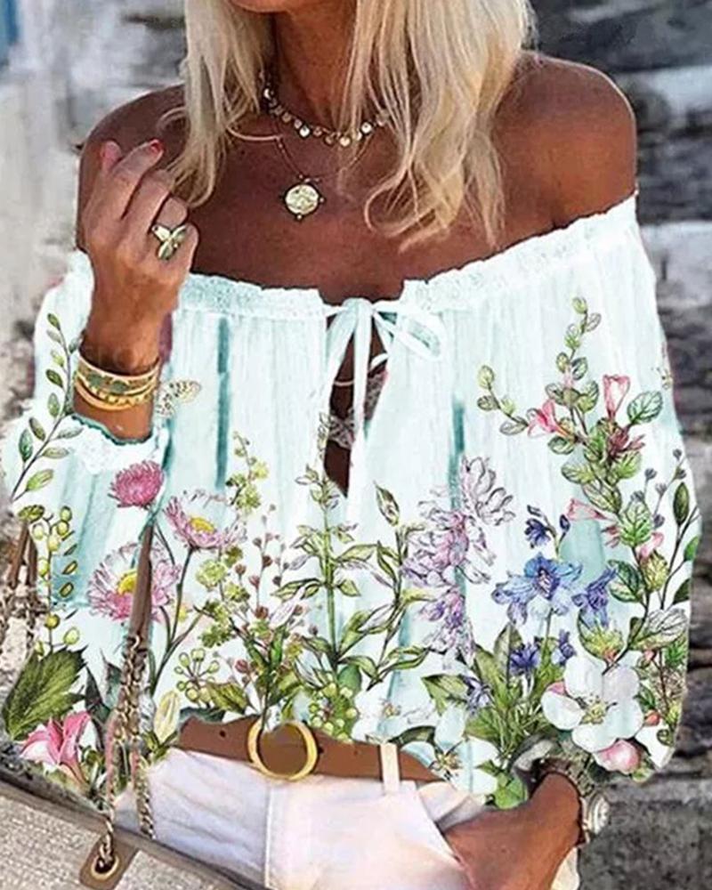 

Off Shoulder Floral Print Tie Front Top, Blue