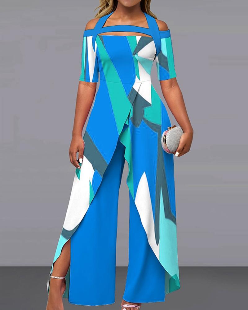 

All Over Print Asymmetrical Neck Slit Wide Leg Jumpsuit, Blue