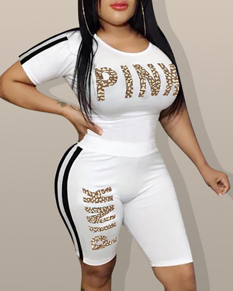 

Striped Tape Letter Print Short Sleeve Top & shorts Set, White