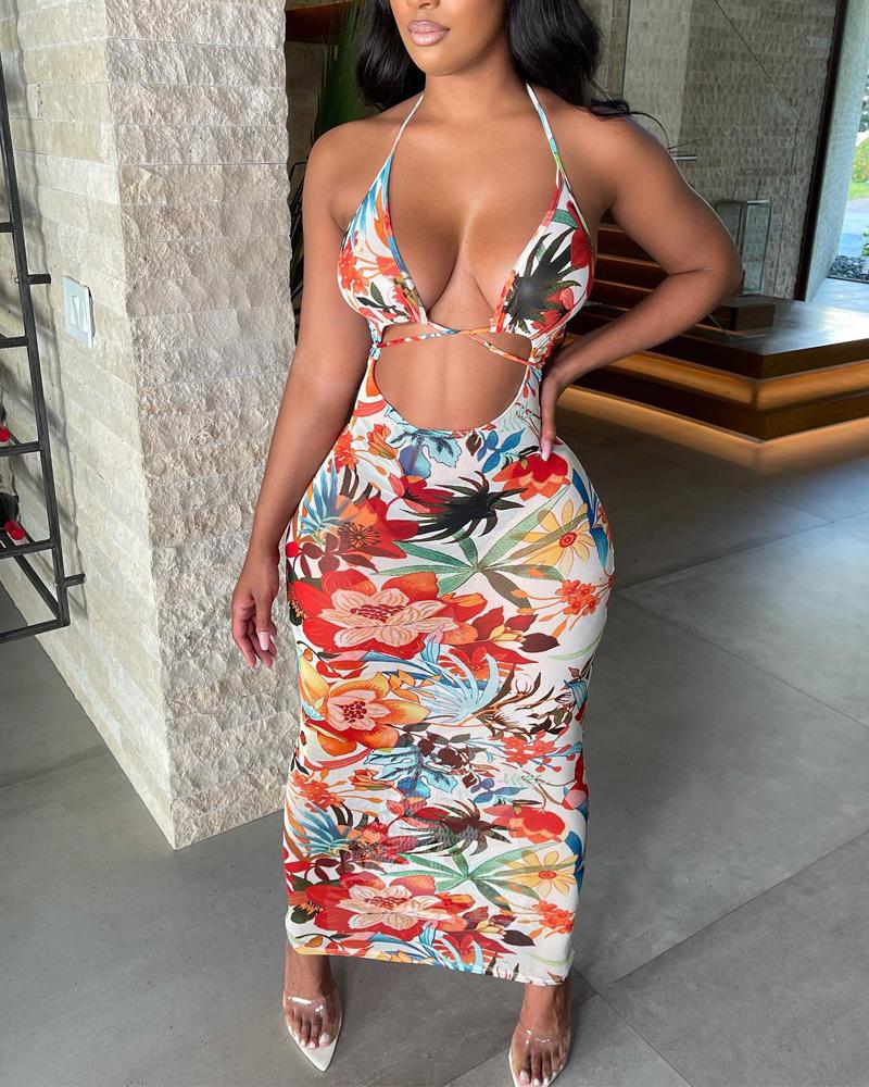 

Floral Print Halter Cutout Bodycon Dress, Multicolor