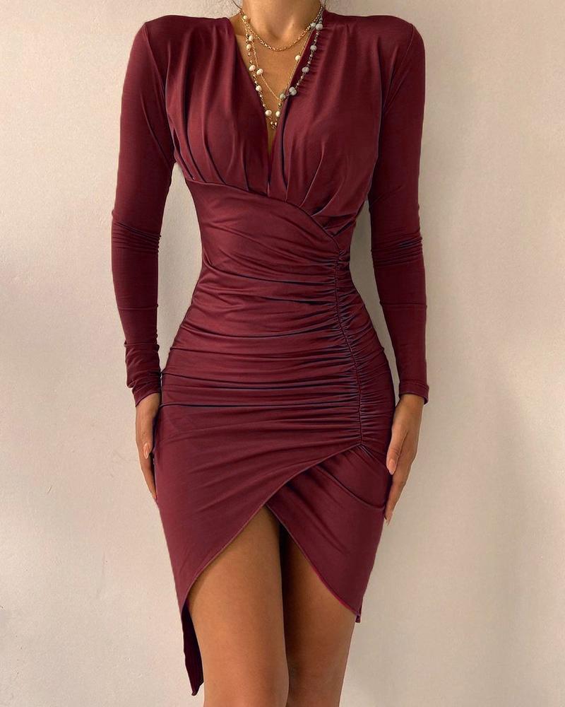 

Asymmetrical Ruched Long Sleeve Party Dress, Dark red