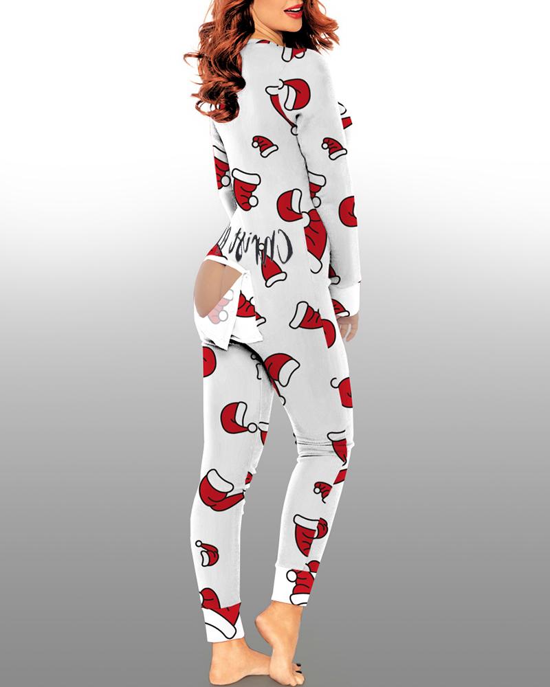 

Christmas Print Functional Buttoned Flap Adults Pajamas, Red